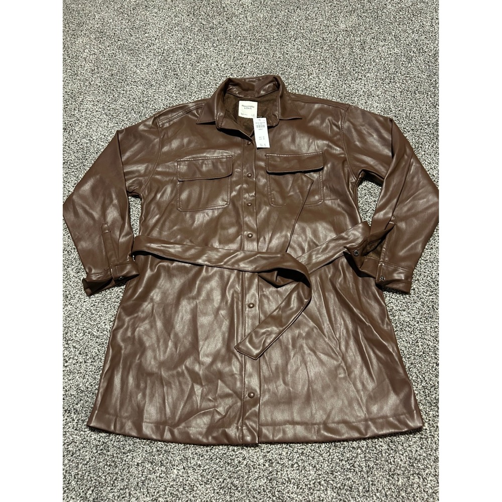 B13 Abercrombie‎ Fitch Faux Leather Belted Shirt Jacket Dress Brown Womens LT